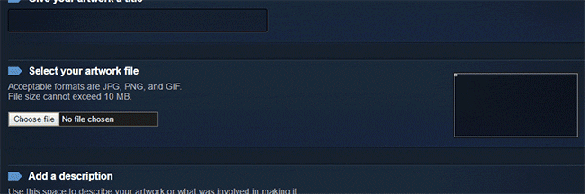 El formulario de Steam con el botón Choose file para elegir el archivo del artwork
