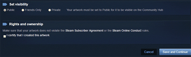 La sección de visibilidad y derechos de Steam, con la casilla de autoría y el botón Save and Continue
